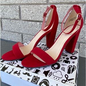 BAMBOO Women's Single Band Chunky Heel Sandal, Red Faux Suede, Size 10